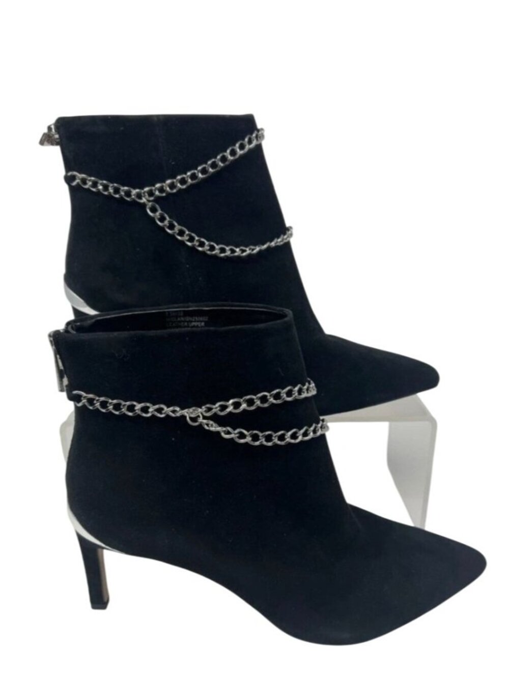 BCBGGeneration Womens 6 Suede Ankle Boots Black Silver Chain Stiletto Designer